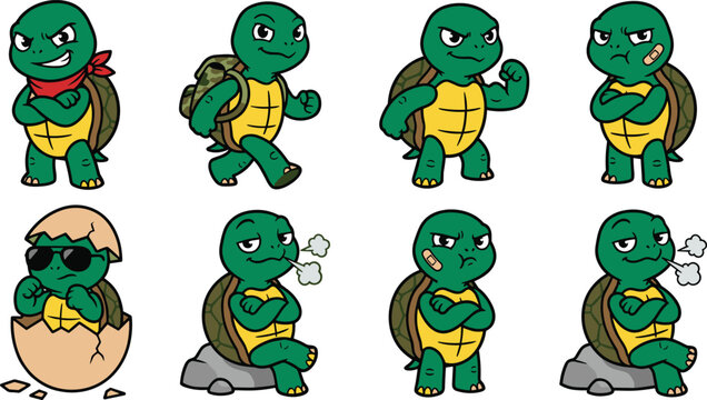 Cool Tough Cartoon Turtle Character Set with Angry, Flexing, Hatching, and Action Poses for Gaming and Mascot Designs
