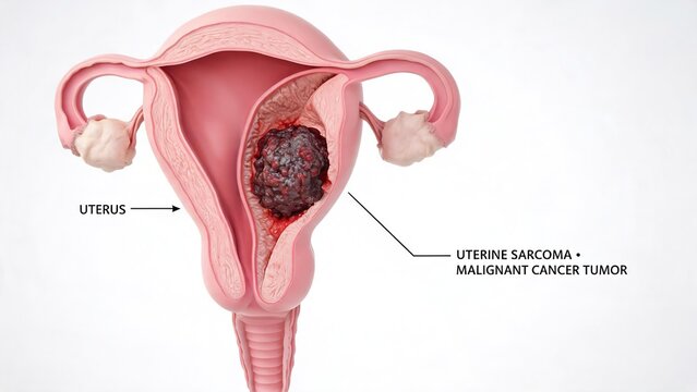 Labeled 3D Medical Cross-Section Illustration of Uterine Sarcoma Malignant Tumor Inside Human Uterus with Full Female Reproductive Organs for Gynecological Oncology Education