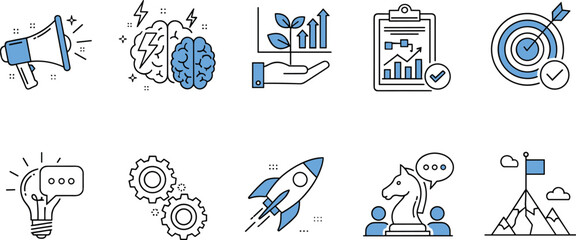 Business strategy icon illustration set with marketing growth creativity planning and success designs, decorative artwork vector element for corporate, startup, and leadership graphic design © MD Tariful islam