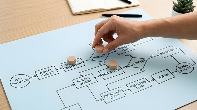 Business professional planning a project workflow strategy on a blue paper flowchart desk