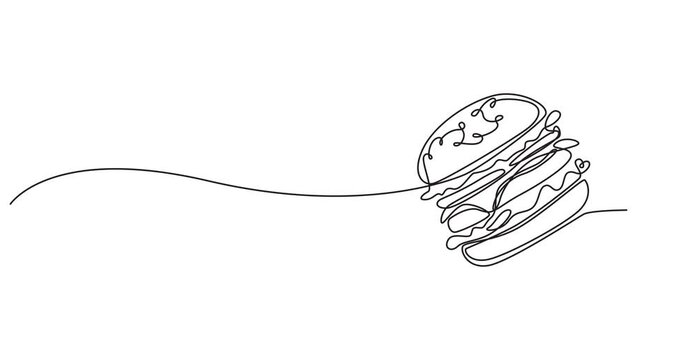 Animated self drawing of  continuous one line of delicious sandwich burger fast food or junk food. Sketch drawing editable stroke concept animation video for meal cafe or restaurant