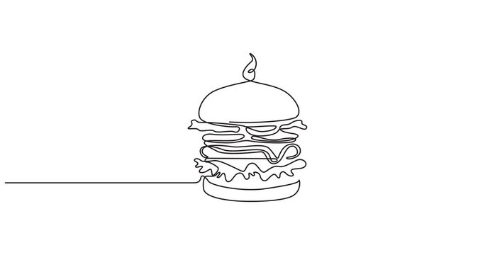 Animated self drawing of  continuous one line of delicious sandwich burger fast food or junk food. Sketch drawing editable stroke concept animation video for meal cafe or restaurant