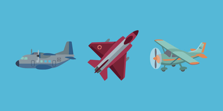 Flat style vector airplanes and aircraft collection, colorful cartoon military jet, cargo plane and propeller aircraft icons set