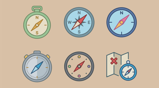 Retro and modern navigation compass vector icons set, simple flat tourist map and stopwatch symbols collection for travel design