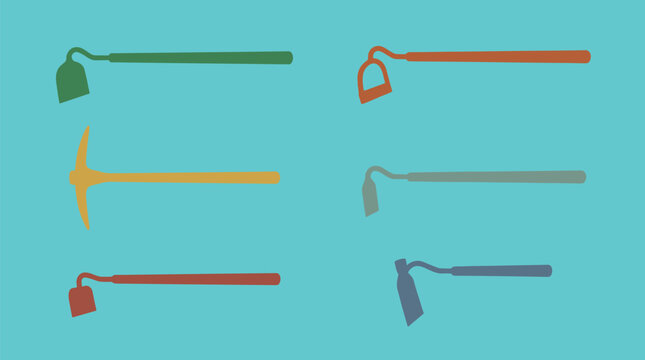 Traditional farming hoes and pickaxe flat icons set manual agriculture tools for digging isolated on turquoise background