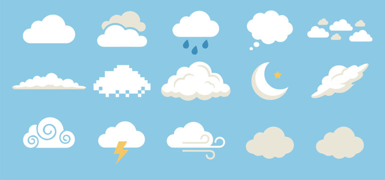 Creative weather forecast clouds and crescent moon vector icons set showing pixel art, thunderstorm, and rainy conditions