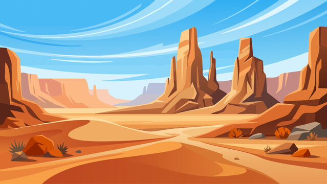 Desert Canyon Landscape with Red Rock Formations and Blue Sky