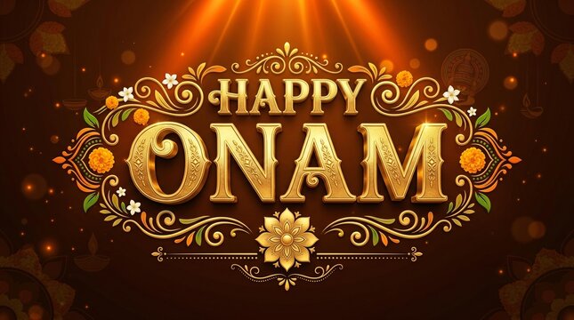 Golden happy onam text animation with decorative floral flourishes