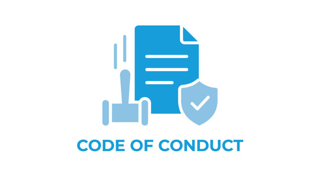Vector graphic illustration Code of conduct icon featuring a legal document gavel and shield symbol for business compliance and corporate ethics policy