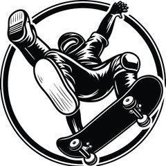 Black and white skateboarder, skateboarder in mid-air, monochrome sports illustration, action icon © NURSABAISLAM