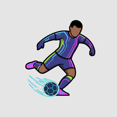 Fototapeta premium Energetic illustration of a soccer player wearing neon purple and blue sportswear kicking a football with blue light trails on light grey background