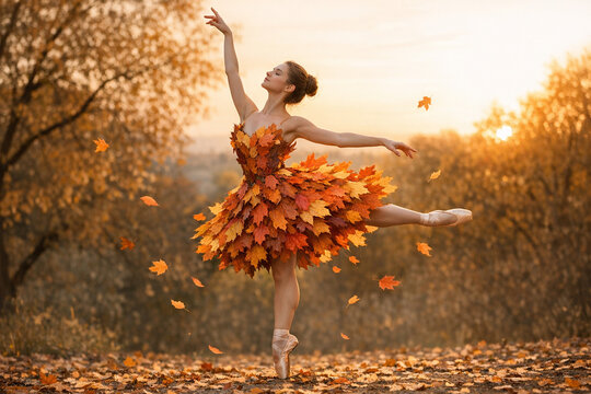 Ballerina Dancing in Autumn Forest with dress made of autumn leaves.