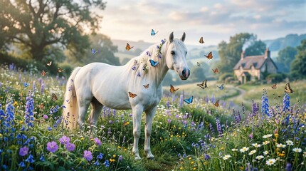 Fototapeta premium Two white horses stand in a colorful field of wildflowers on a sunny day near a house.
