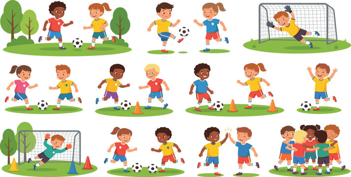 Cute cartoon children playing soccer at an outdoor football sports training camp vector illustration