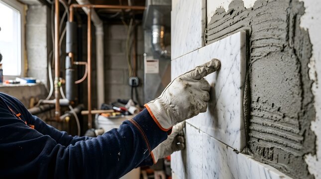 Tile installation worker inspects marble wall covering during renovation project