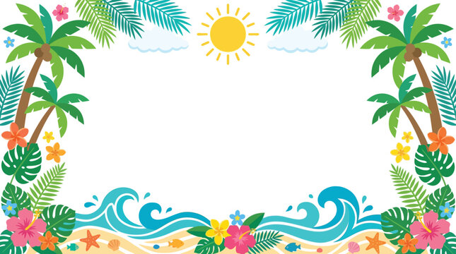 Tropical beach vacation border with palm trees, ocean waves, hibiscus flowers, and a bright sun illustration