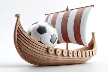Creative concept of modern soccer ball placed inside traditional Viking longship wooden model with red and white sail on isolated background