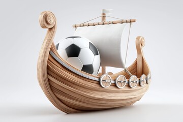 Creative concept of a traditional Viking wooden ship carrying a classic black and white soccer ball with white sail on neutral background