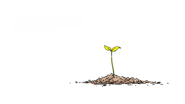 土から力強く生えたばかりの新芽を描いたシンプルなイラスト。