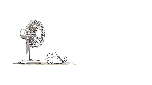 卓上扇風機の横で気持ちよさそうに涼んでいる白い猫のイラスト。
