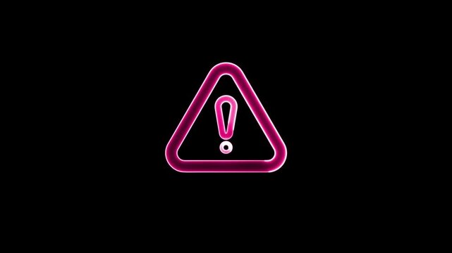 Glowing neon ping color warning icon animation on black background. danger road warning sign animated,