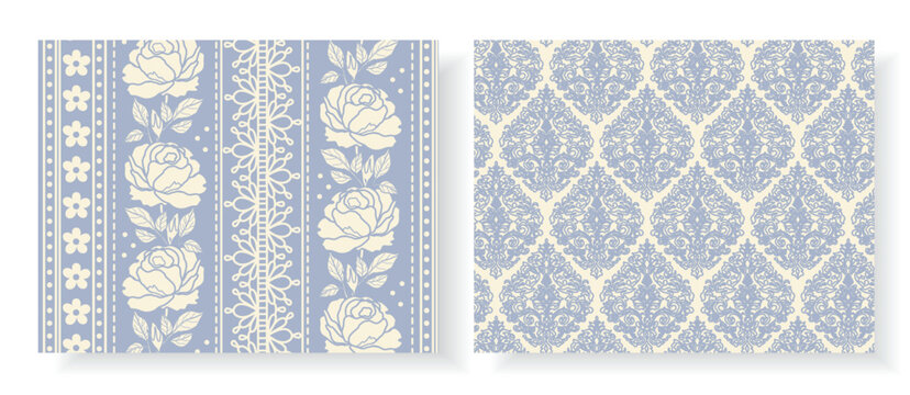 Two coordinating monochrome seamless patterns with hand drawn Victorian rose stripe, lace border and damask in dusty blue and cream. Perfect for fabric, wallpaper and home decor.