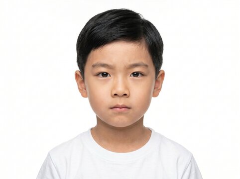 [Generative AI] Portrait of a young boy with a serious or angry expression against a white background