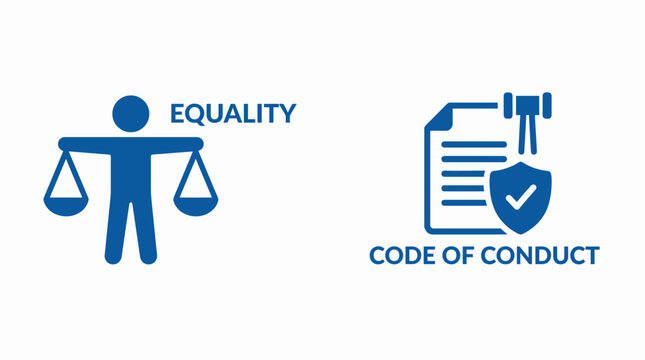 Vector graphic illustration Equality and code of conduct icons set showing a person holding scales and a document with a gavel and shield
