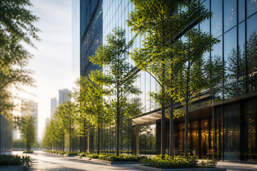 Naklejka premium Modern glass building facade lined with trees on a sunny urban street.