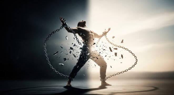 Man breaking free from chains in a dramatic pose with light shining through