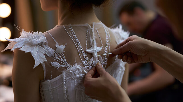 Elegant Bridal Gown Fitting: Couture Wedding Dress Fashion and Artistic Detail with Intricate Lace Design