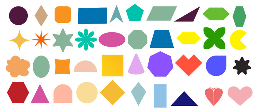 Colorful educational geometric shapes and 2D math figures collection for children.