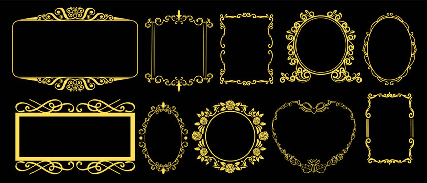Luxury collection of golden mirror frames, oval borders, and heart shaped decorative outlines.