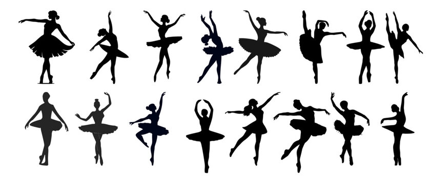 Silhouette collection of graceful ballet dancers and ballerinas posing in various dance positions.