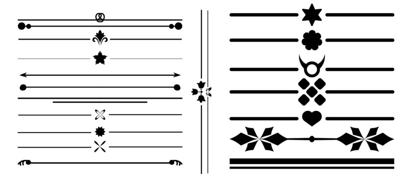 Minimalist geometric page dividers and rule lines vector set. Features simple stars, hearts, and dots accenting clean text separating lines for modern book layout and bullet journal decoration.