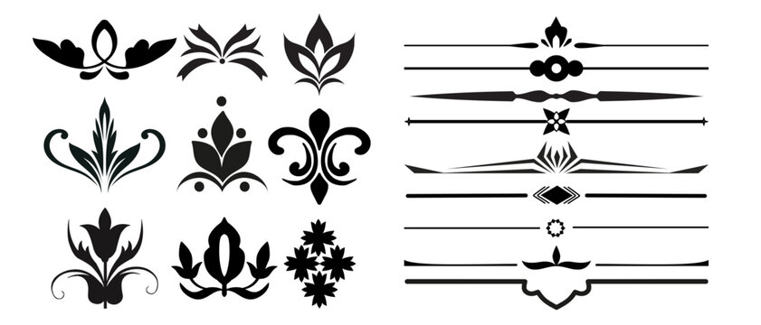 Fleur de lis ornaments and classic calligraphic line dividers vector set. 