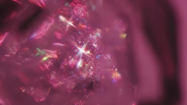 A vibrant video captures sparkling crystal formations in a dark pink environment with shiny light effects and reflections.
