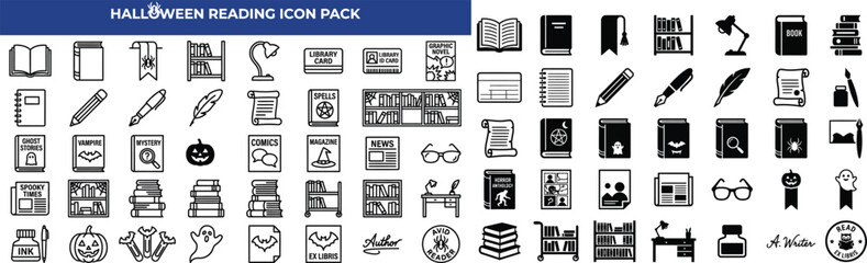 Halloween Themed Book And Stationery Flat Icons Vector Illustration Pack © Rudro