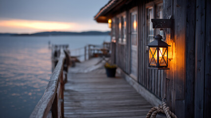 Fototapeta premium Glowing lantern on a weathered wooden cabin porch overlooking a calm fjord at soft twilight with a long boardwalk leading to the water
