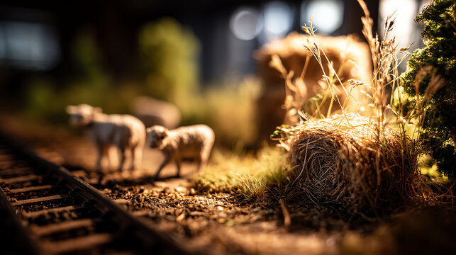 Close-up of a miniature farm scene beside model railway tracks with tiny grazing livestock and a haystack in warm summer light