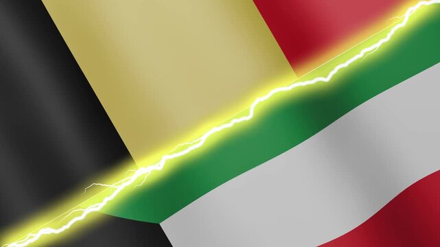 Two waving flags Belgium and Kuwait with diagonal lightning seamless, 4k loop