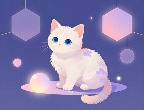 A serene chibi cat interacting with subtle digital orbs within minimalist geometric backgrounds under soft neon gradients