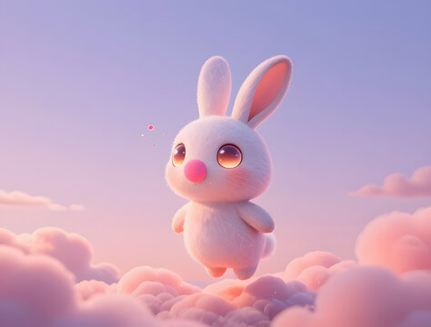 minimalist cyberpunk chibi rabbit floating in pastel twilight sky