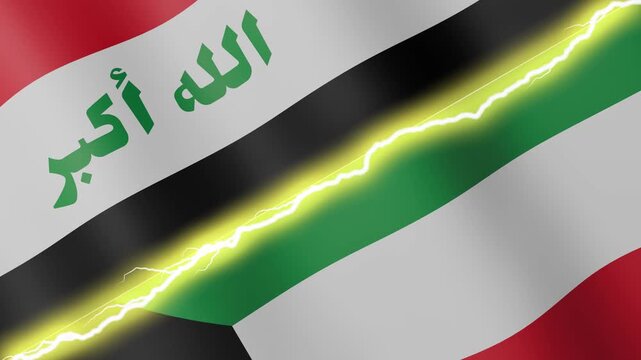 Two waving flags Iraq and Kuwait with diagonal lightning seamless, 4k loop