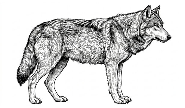 Black and White Wolf Vector Illustration Detailed Wildlife Line Art Isolated on White Background
