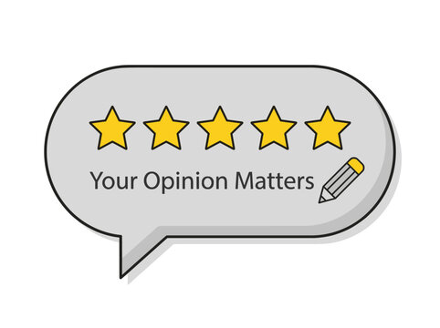Flat vector review widget speech bubble with five star rate and pencil icon, isolated, feedback concept