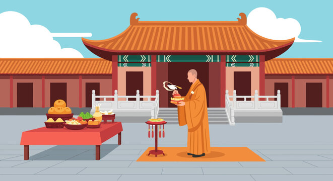 Monk offering blessings and spiritual gifts within a sacred temple setting