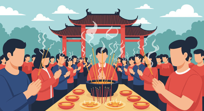 Devoted Crowd Engaged in Prayer at a Sacred Temple During a Vibrant Festival