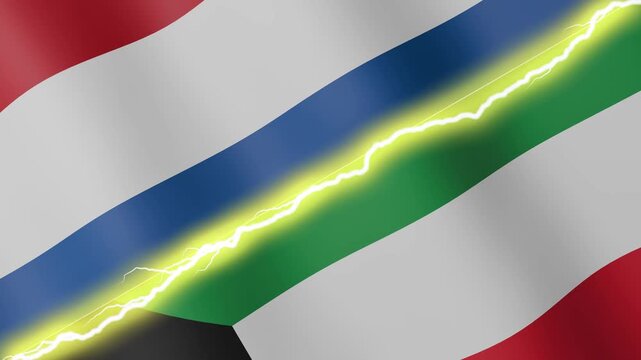 Two waving flags Netherlands and Kuwait with diagonal lightning seamless, 4k loop