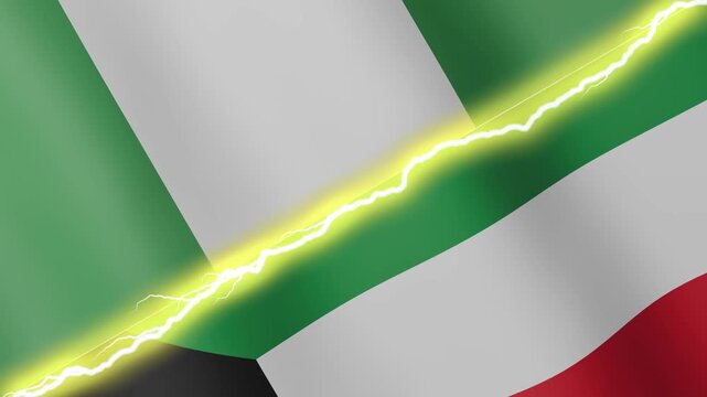 Two waving flags Nigeria and Kuwait with diagonal lightning seamless, 4k loop